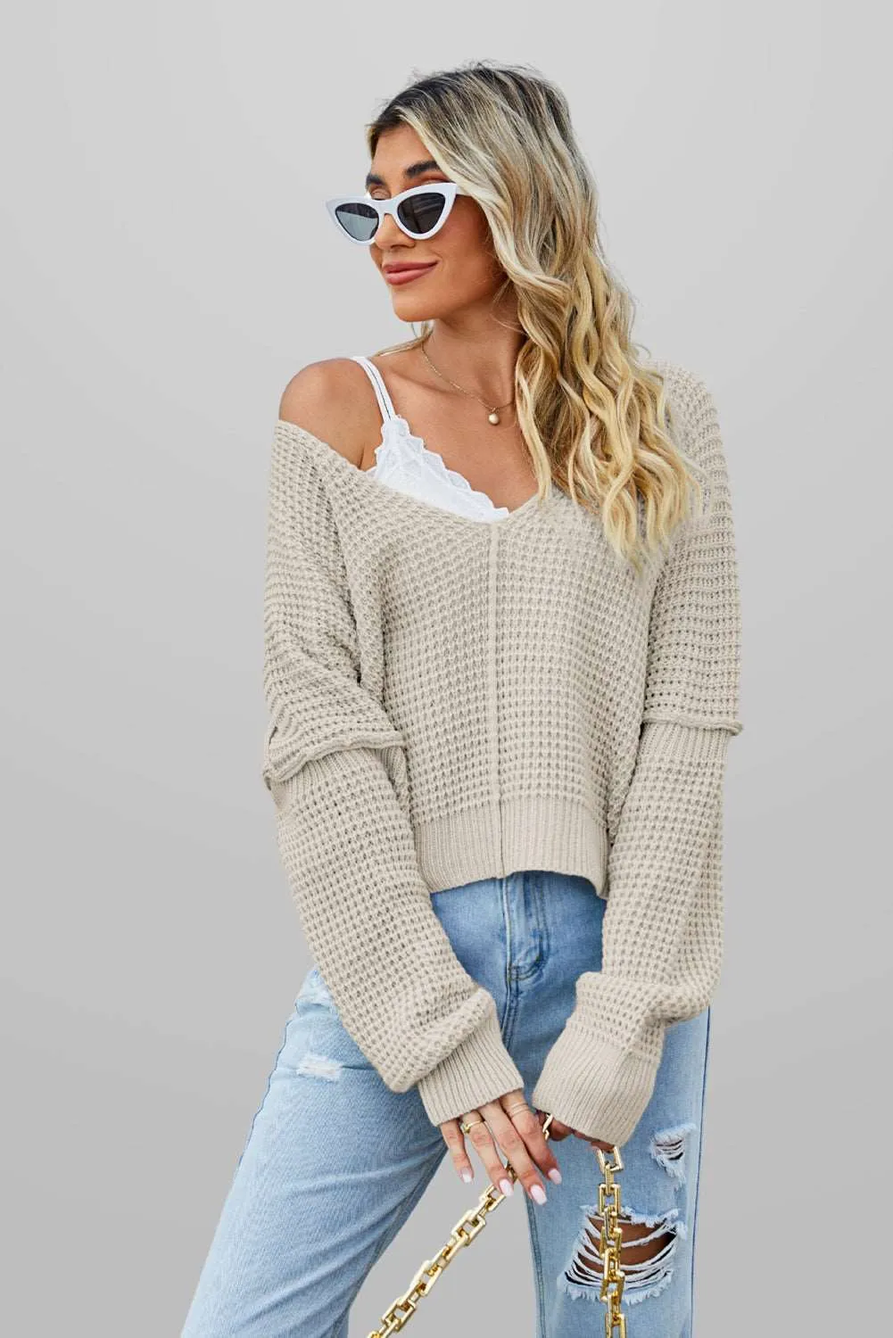 🔥 Waffle Knit V Neck Sweater: For When You Want to Look Like You’re Adulting, But You’re Really Just Pretending 🔥