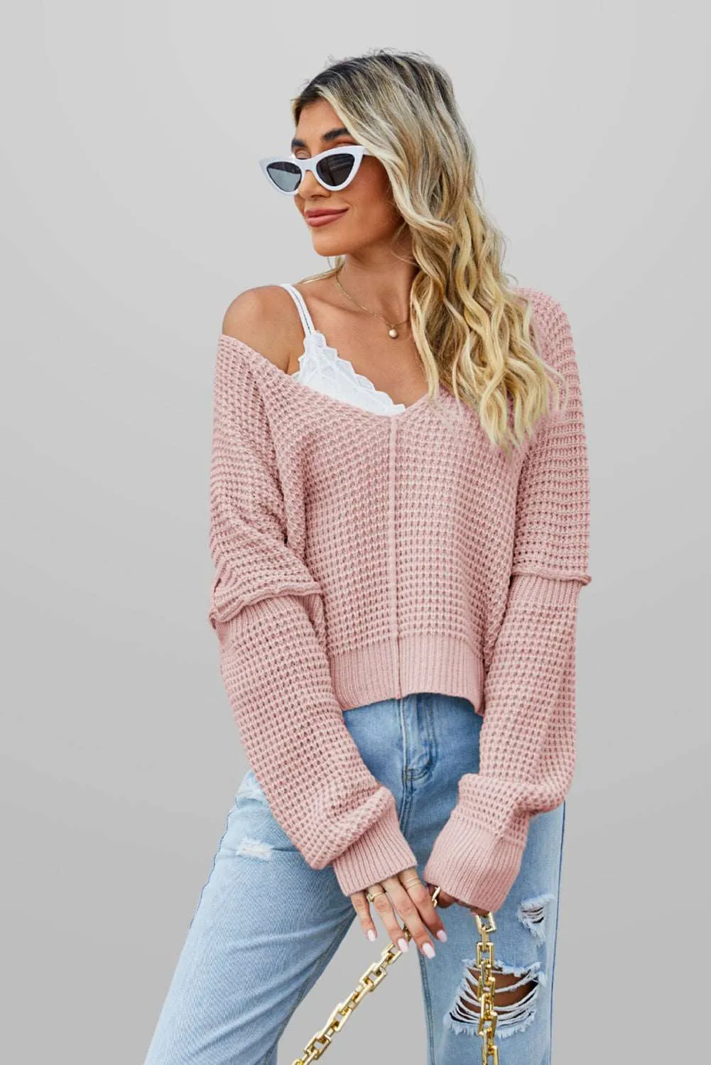 🔥 Waffle Knit V Neck Sweater: For When You Want to Look Like You’re Adulting, But You’re Really Just Pretending 🔥