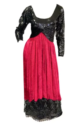 1980s Geoffrey Beene Black and Red Sequin, Lace, and Velvet Evening Dress