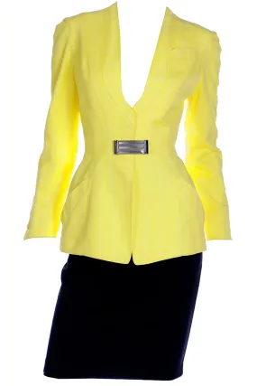 1990s Thierry Mugler Paris Vintage Yellow Jacket and Black Pencil Skirt Suit