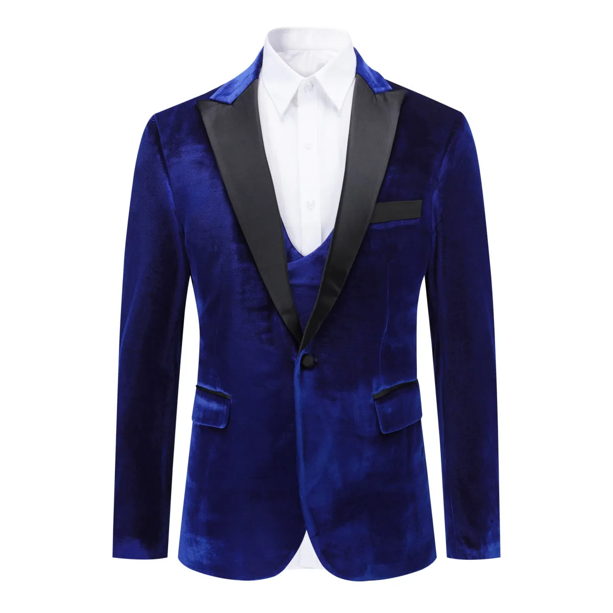 3-Piece Lapel One Button Velvet Tuxedo Suit Dark Blue