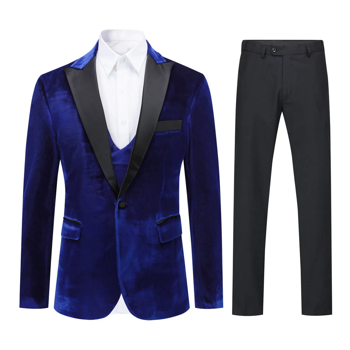 3-Piece Lapel One Button Velvet Tuxedo Suit Dark Blue