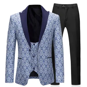 3-Piece Slim Fit Paisley Blue Suit Print Suit