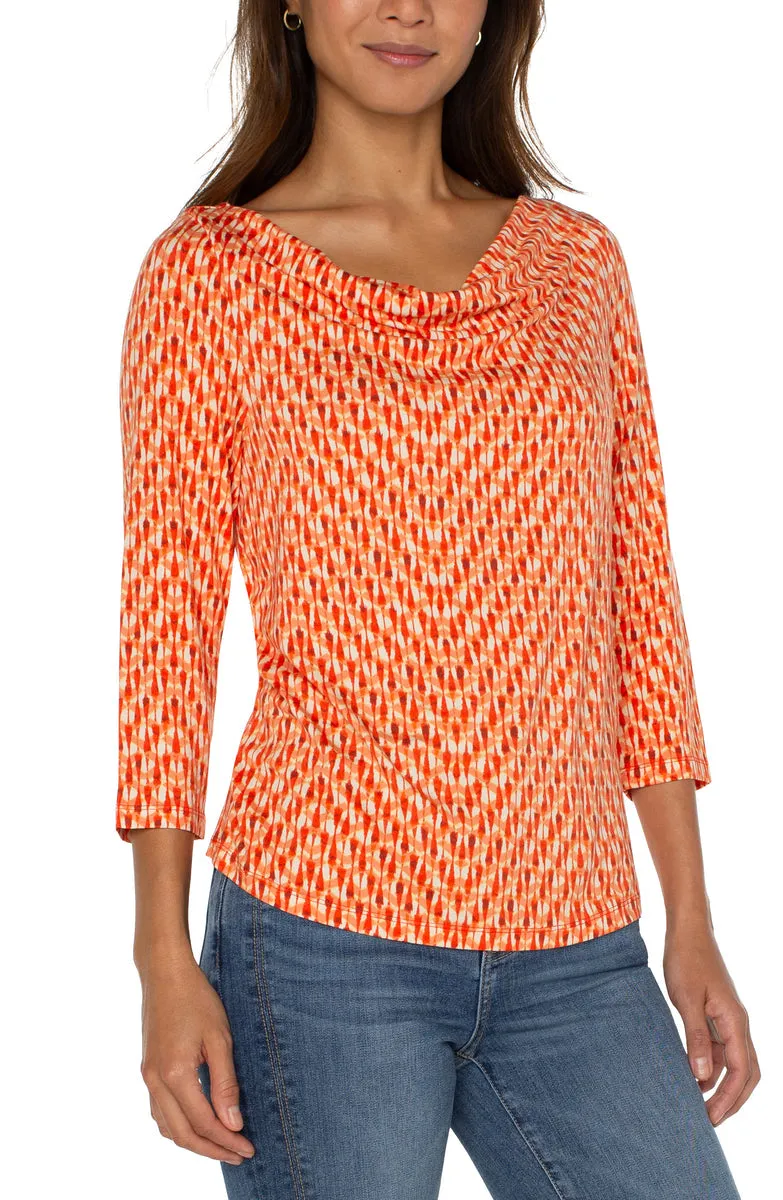 3/4 Sleeve Cowl Neck Knit Top - Coral Blaze Ikat