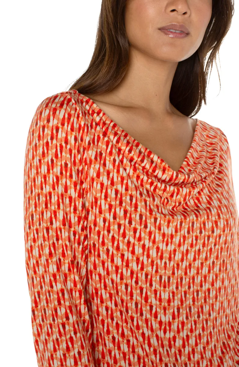 3/4 Sleeve Cowl Neck Knit Top - Coral Blaze Ikat