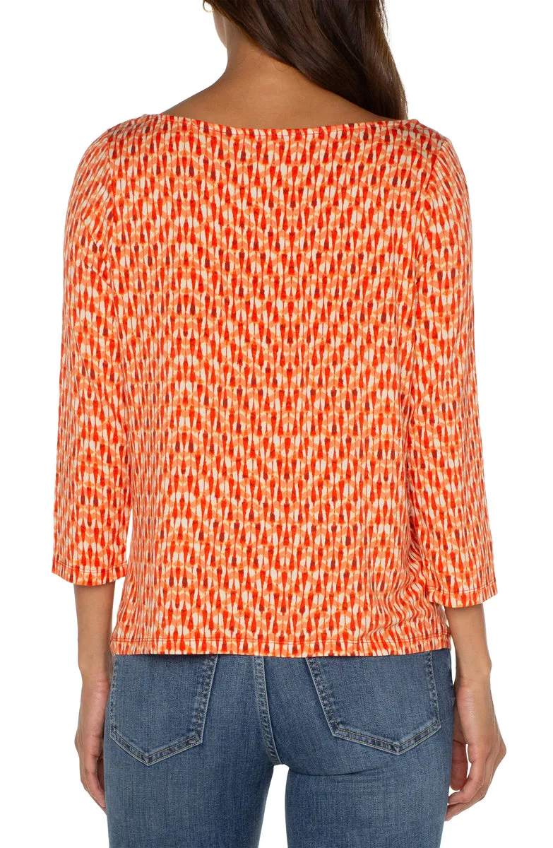 3/4 Sleeve Cowl Neck Knit Top - Coral Blaze Ikat