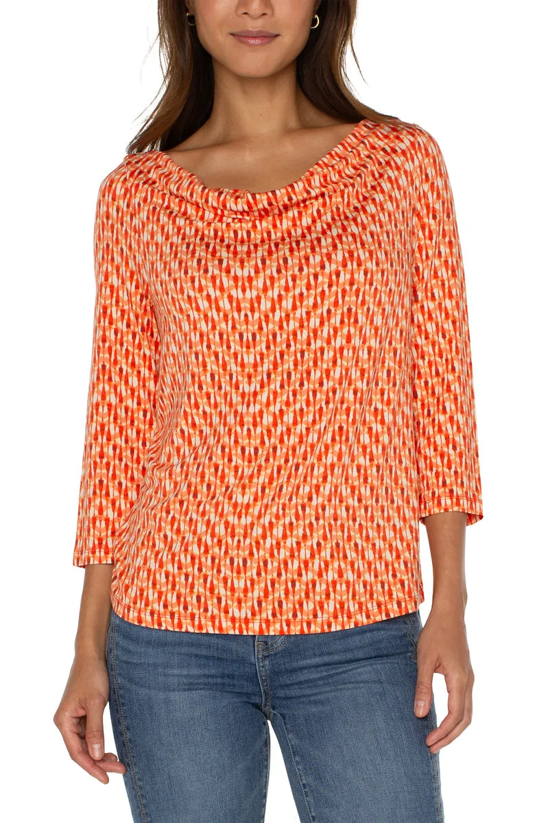 3/4 Sleeve Cowl Neck Knit Top - Coral Blaze Ikat