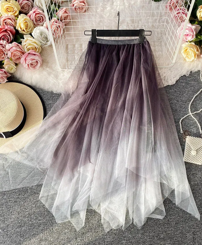 A line irregular tulle skirt gradient color skirt  3493