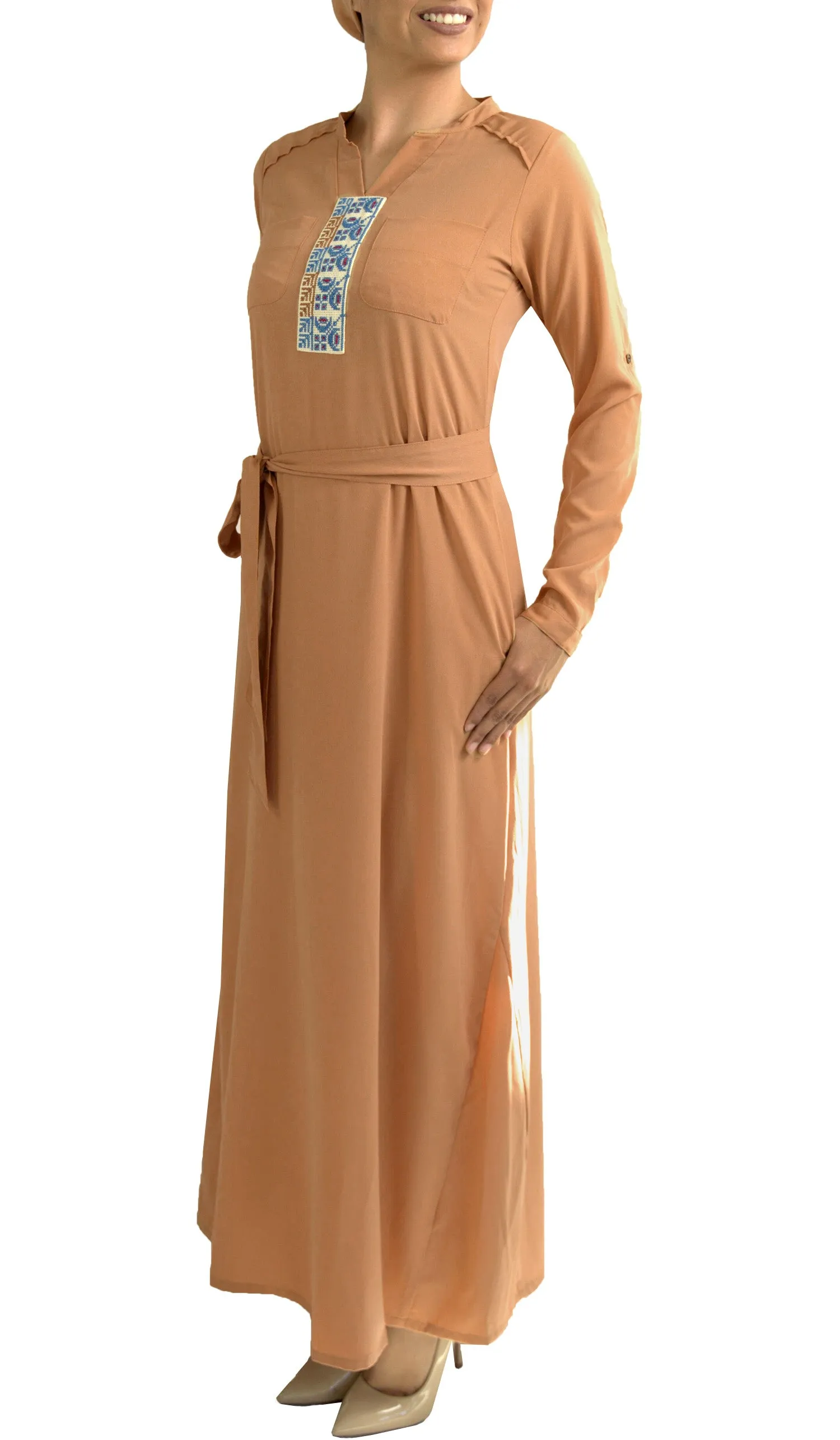 Adina Embroidered Long Maxi Dress Abaya - Beige - FINAL SALE