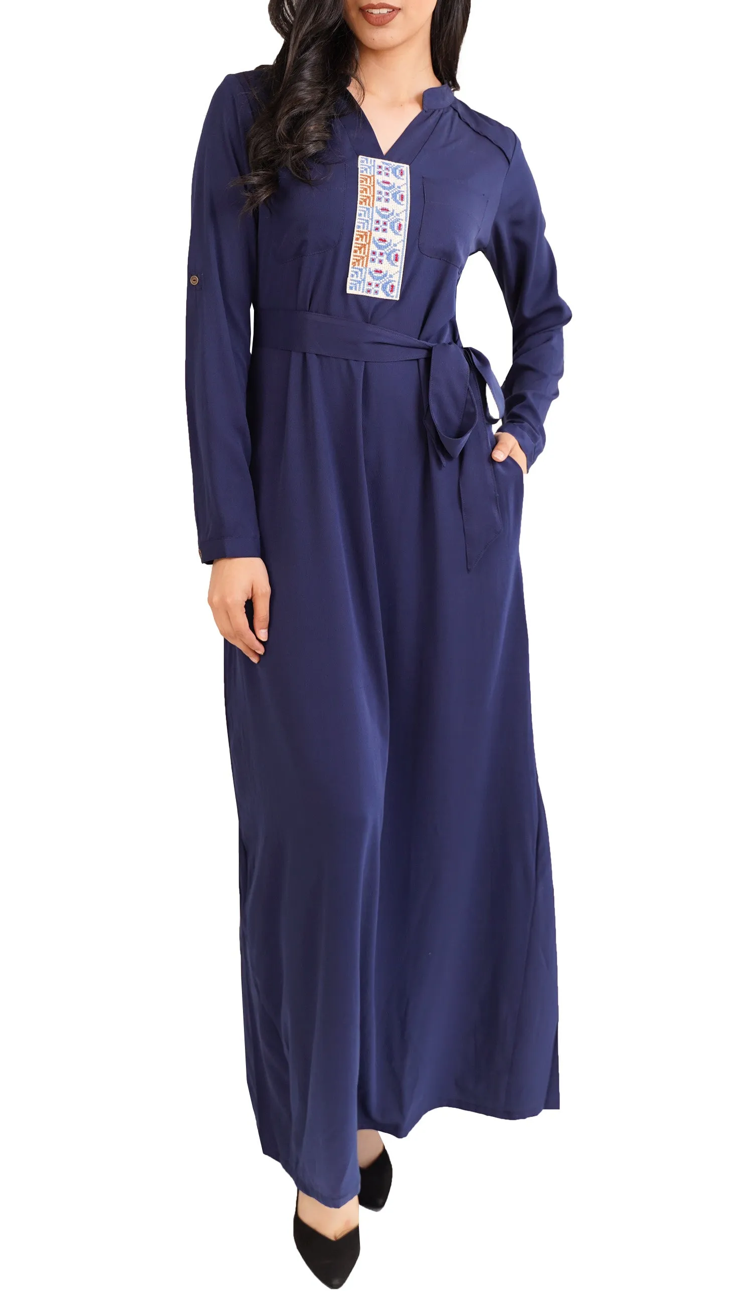 Adina Embroidered Long Maxi Dress Abaya - Navy - FINAL SALE