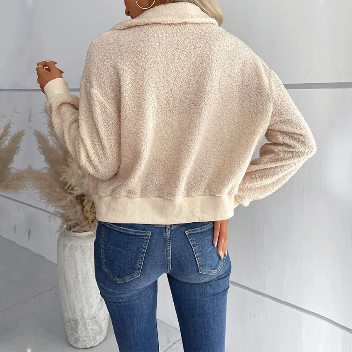 Apricot Collared Neck Sherpa Fleece Zipper Jacket