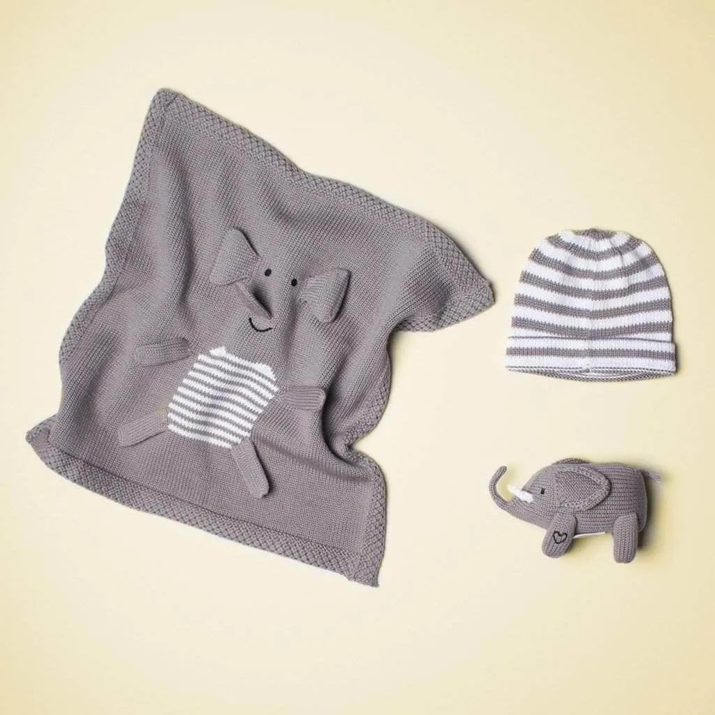 Baby Gift Set - Knit Elephant Rattle, Lovey Blanket & Hat