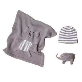 Baby Gift Set - Knit Elephant Rattle, Lovey Blanket & Hat