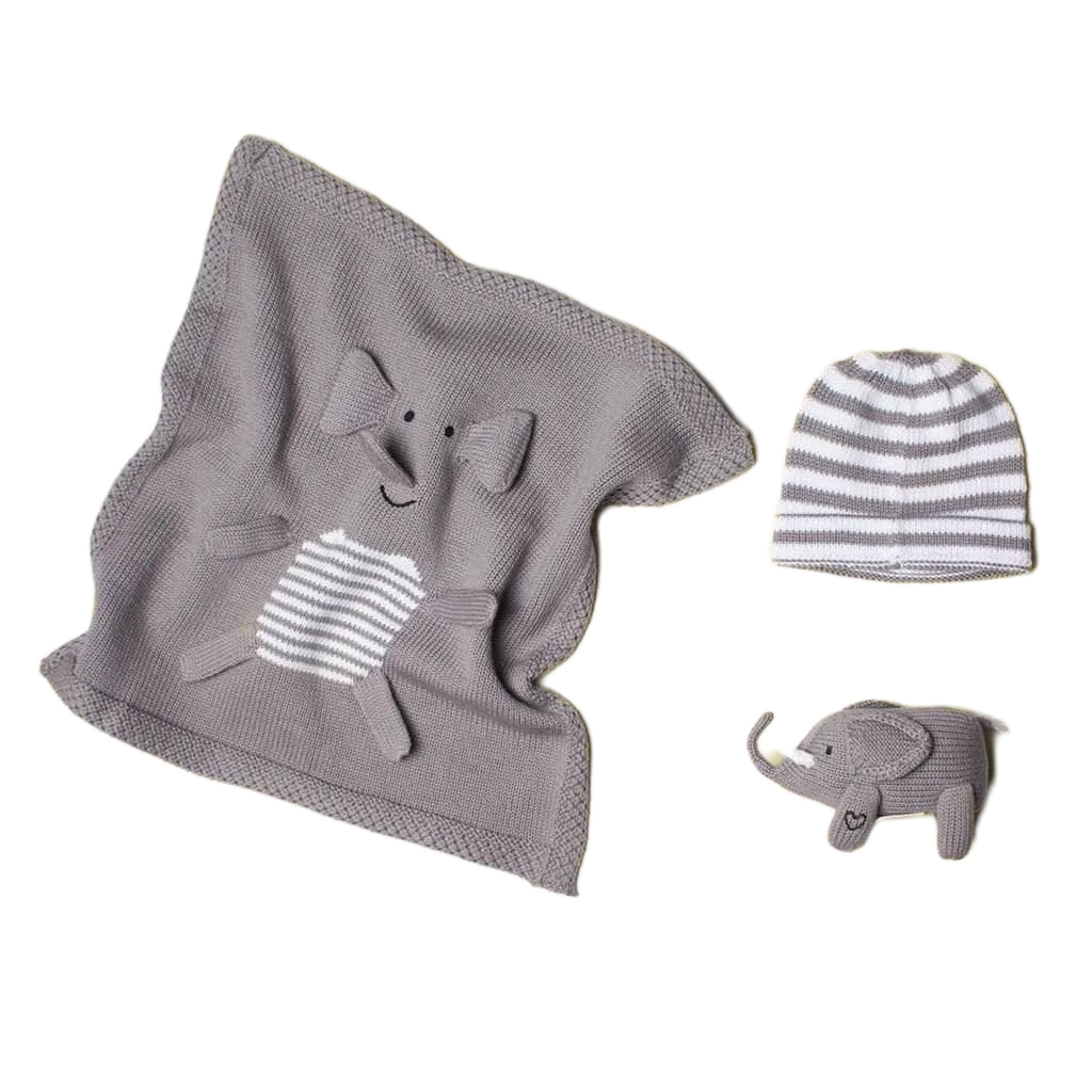 Baby Gift Set - Knit Elephant Rattle, Lovey Blanket & Hat