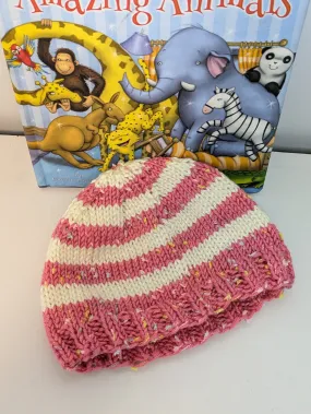 Baby Hat - 0-3months - Coral Fleck & Off-White Stripe