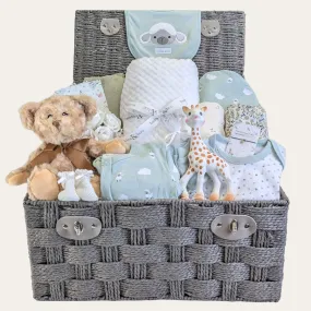 Baby Shower Gifts Hamper, Cotton Clothing, Organic Cuddles & Sophie Giraffe