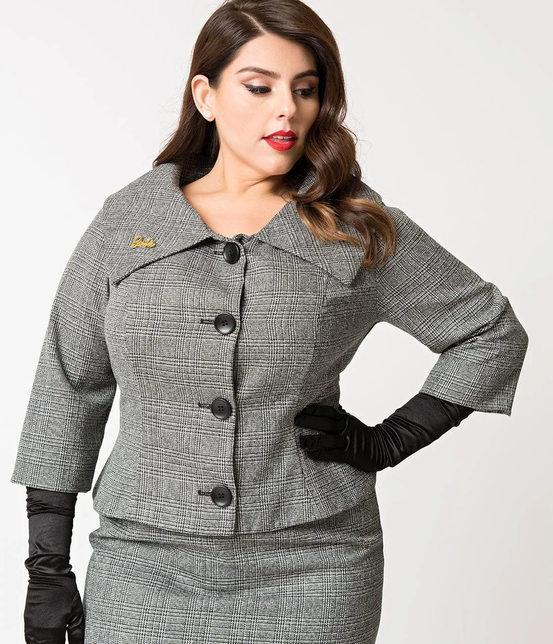 Barbie x Unique Vintage Plus Size Grey Tweed Career Girl Suit Set