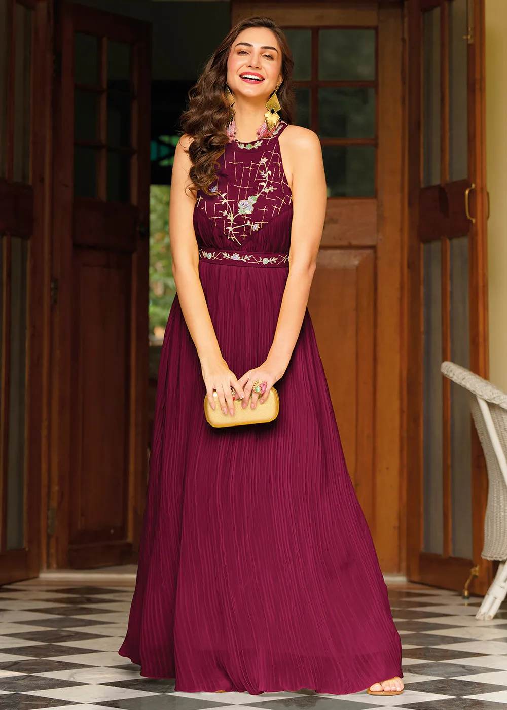 Beautiful Wine Red Georgette Embellished Indo Western Maxi Gown