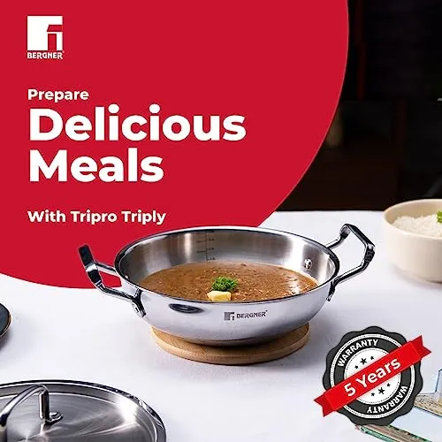 Bergner TriPro TriPly 24 cm Deep Kadai, 3 L Capacity, Stainless Steel Lid, For Curry/StirFry/DeepFry/DryVeg, Broad Hold Handles, Laser-Etched Scale, Smooth Finished Surface, Induction & Gas Ready, 5-Year Warranty