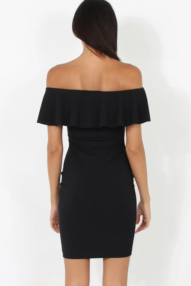 Black Bardot Frill Midi Dress - Lily