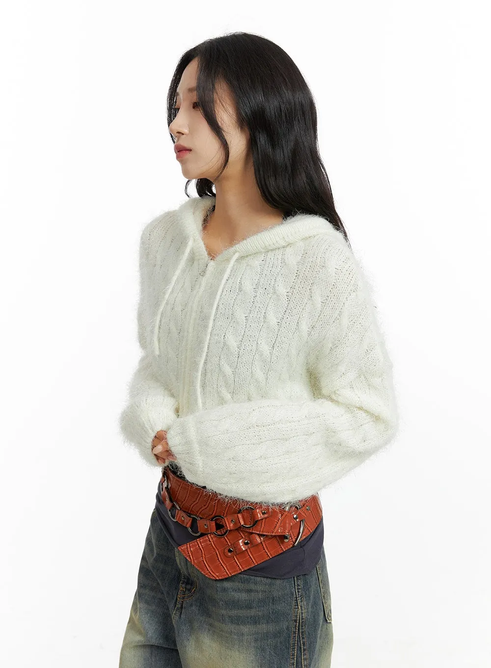 Cable Knit Zippered Hooded Cardigan CF416