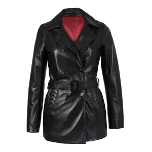 Carissa Womens Black Belted 3/4 Long Leather Coat