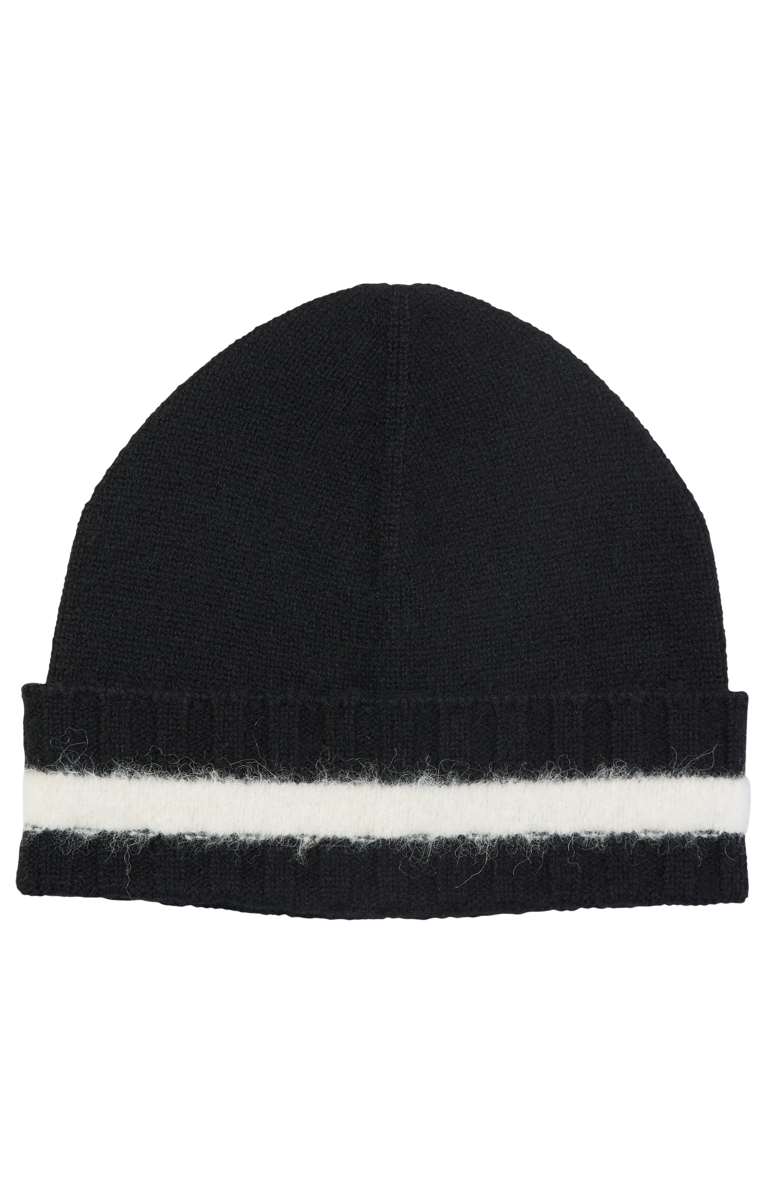 CASHMERE CUFFED BEANIE WITH FUZZY STRIPE