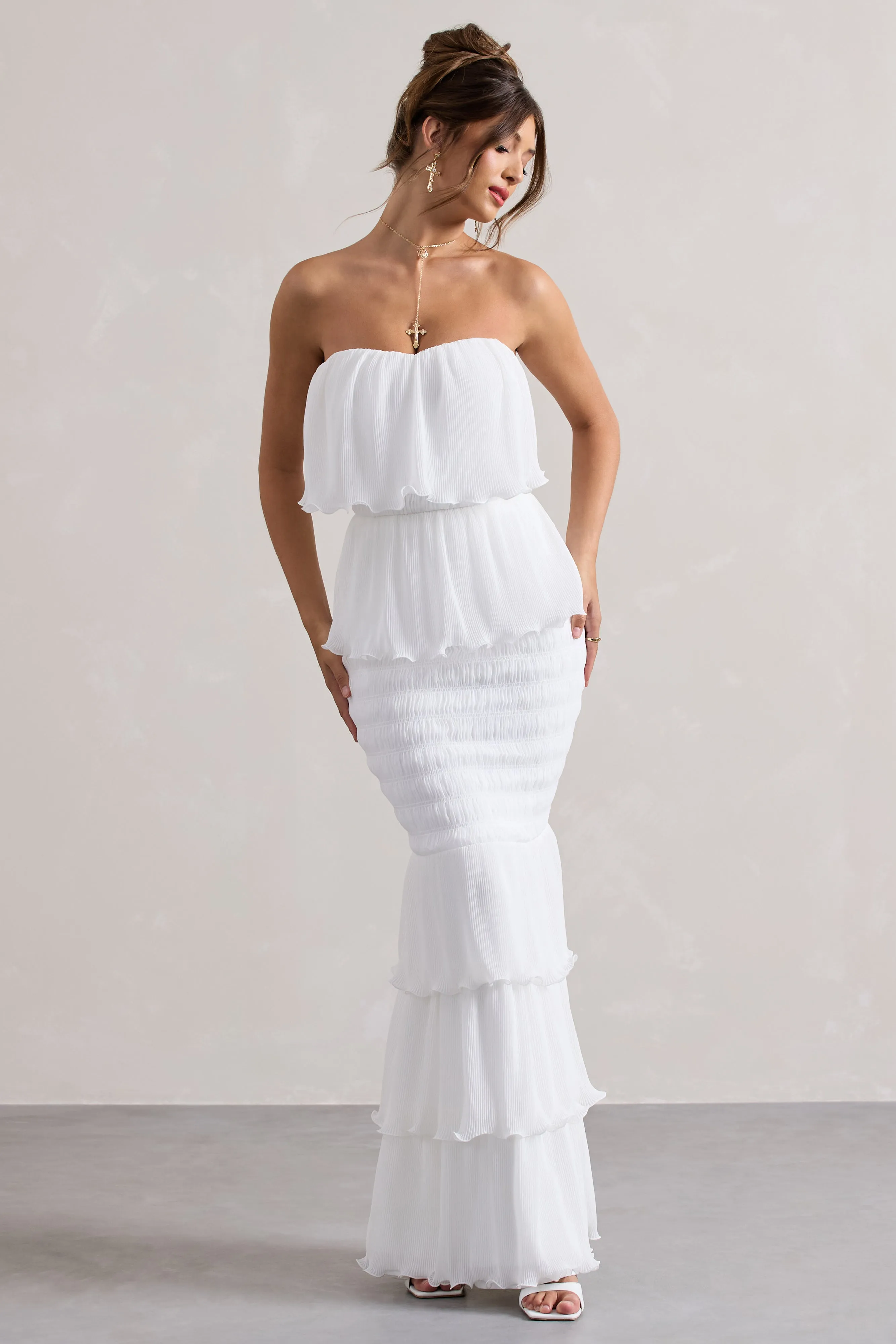 Catera | White Strapless Layered Ruffle Maxi Dress