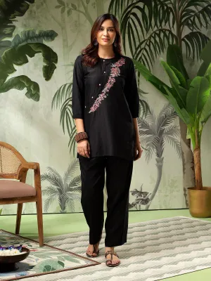 Chandni Black Muslin Embroidered Angrakha (Co-Ord Set)