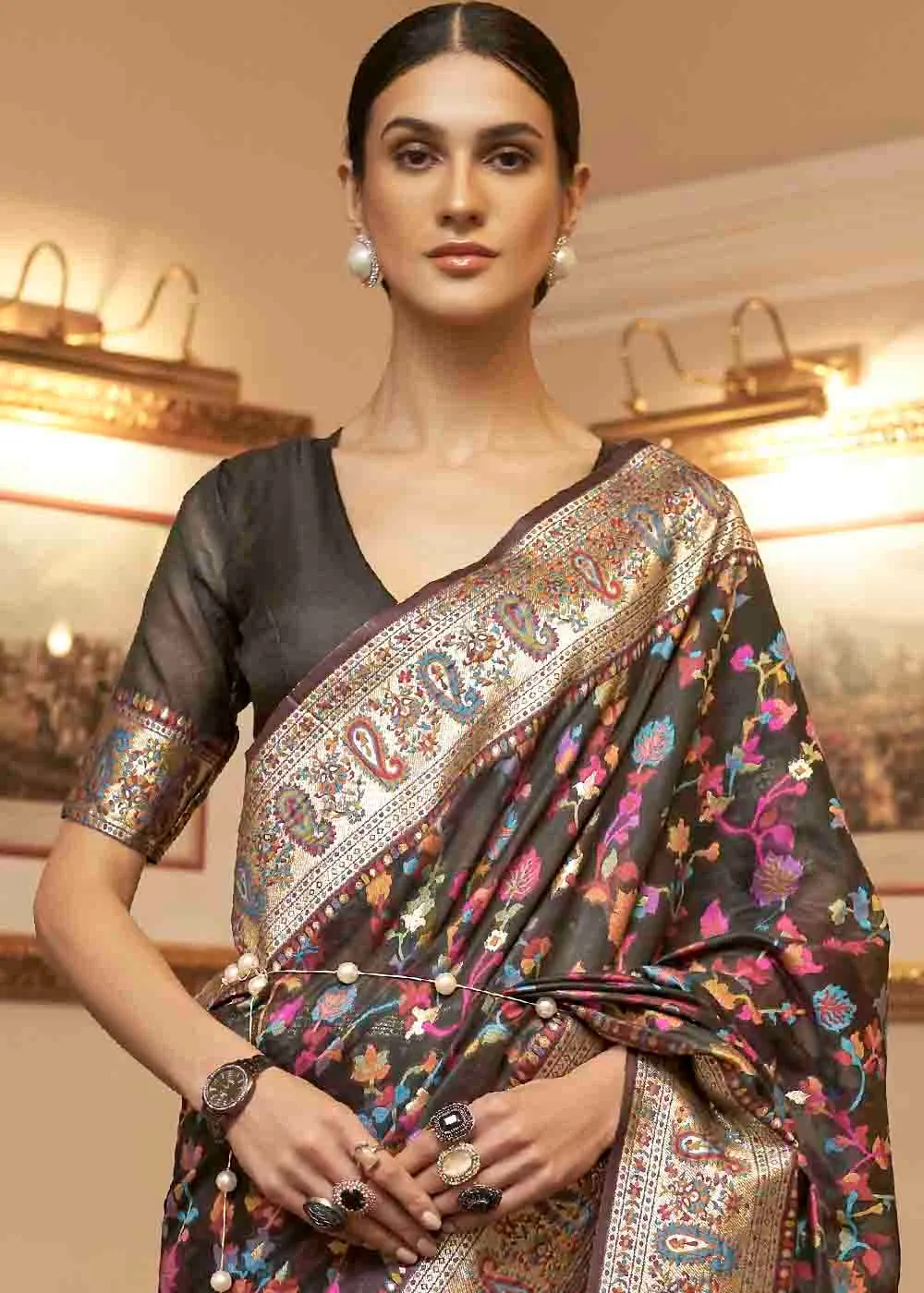 Charcoal Black Banarasi Jamawar Woven Silk Saree