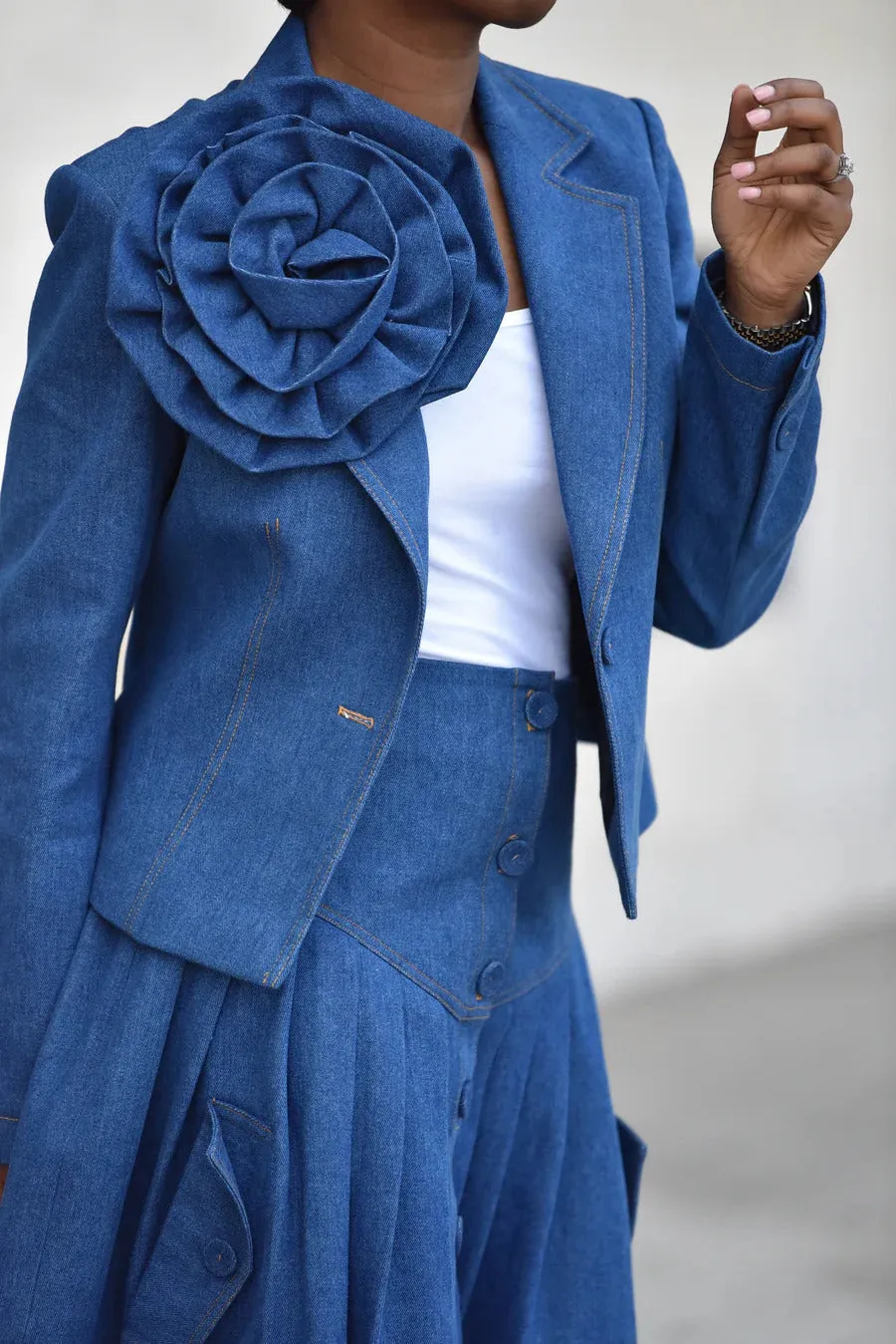 Chic Flower Design Lapel Neck Denim Blazer