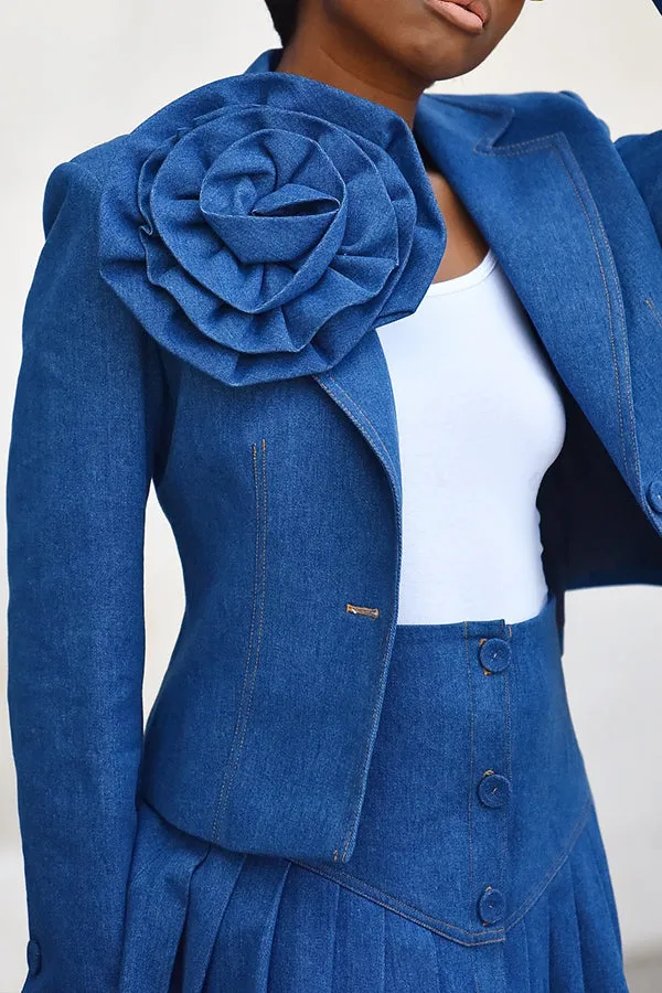 Chic Flower Design Lapel Neck Denim Blazer