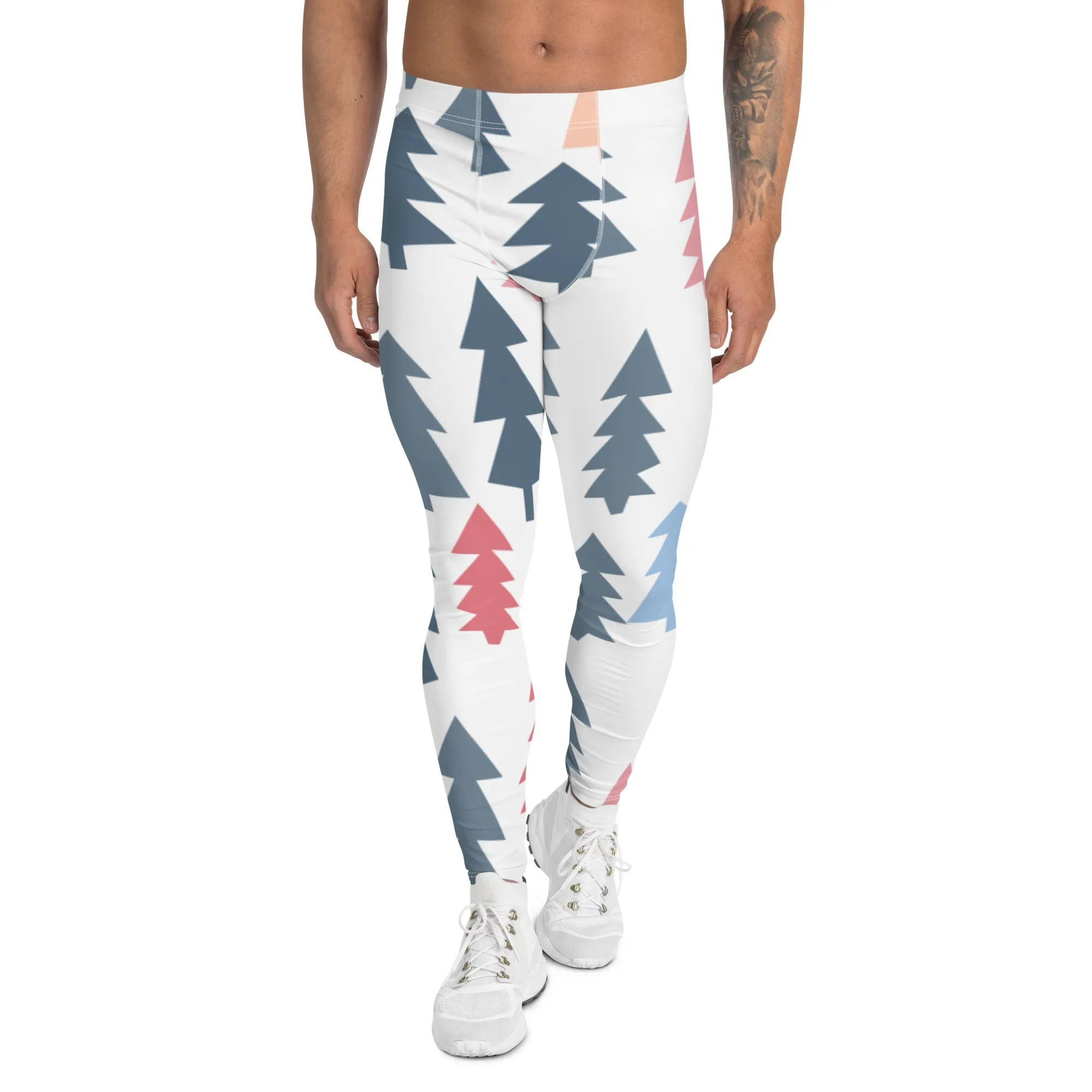 Christmas Pine Tree Meggings, Xmas Tree Festive Best Holiday Tights For Men - Made in USA/EU/MX