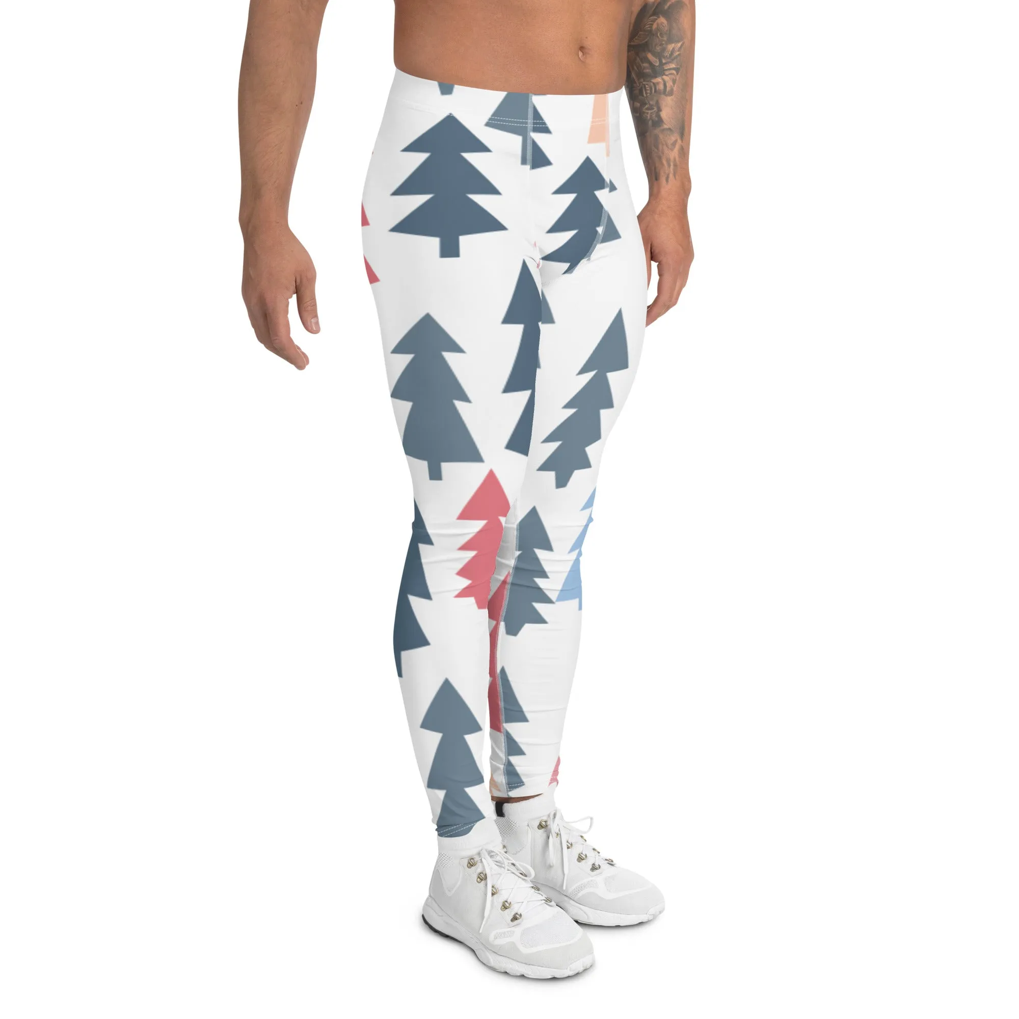 Christmas Pine Tree Meggings, Xmas Tree Festive Best Holiday Tights For Men - Made in USA/EU/MX