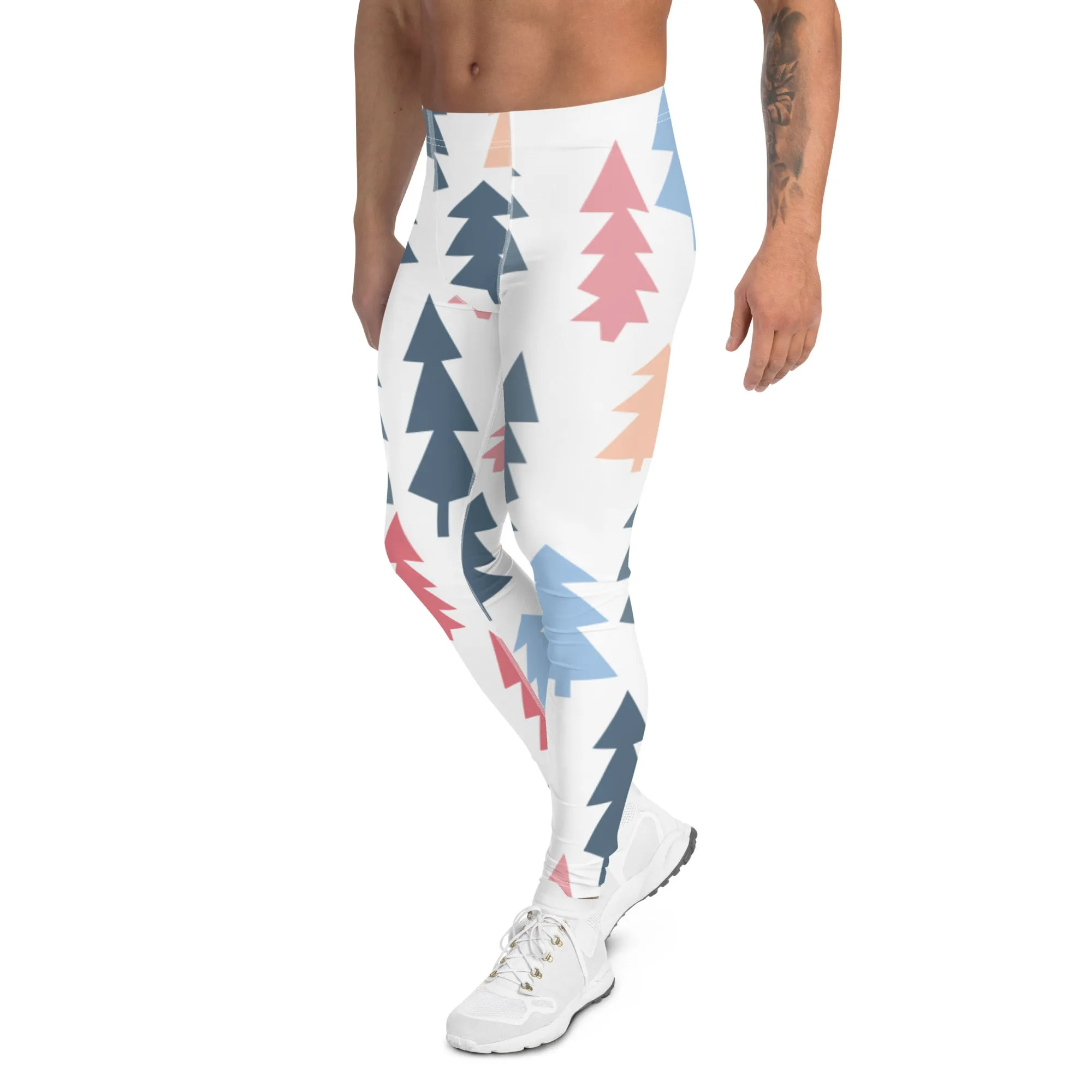 Christmas Pine Tree Meggings, Xmas Tree Festive Best Holiday Tights For Men - Made in USA/EU/MX