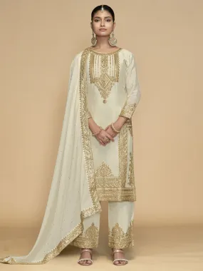 Cream Handwork Embroidered Festive Palazzo Style Suit