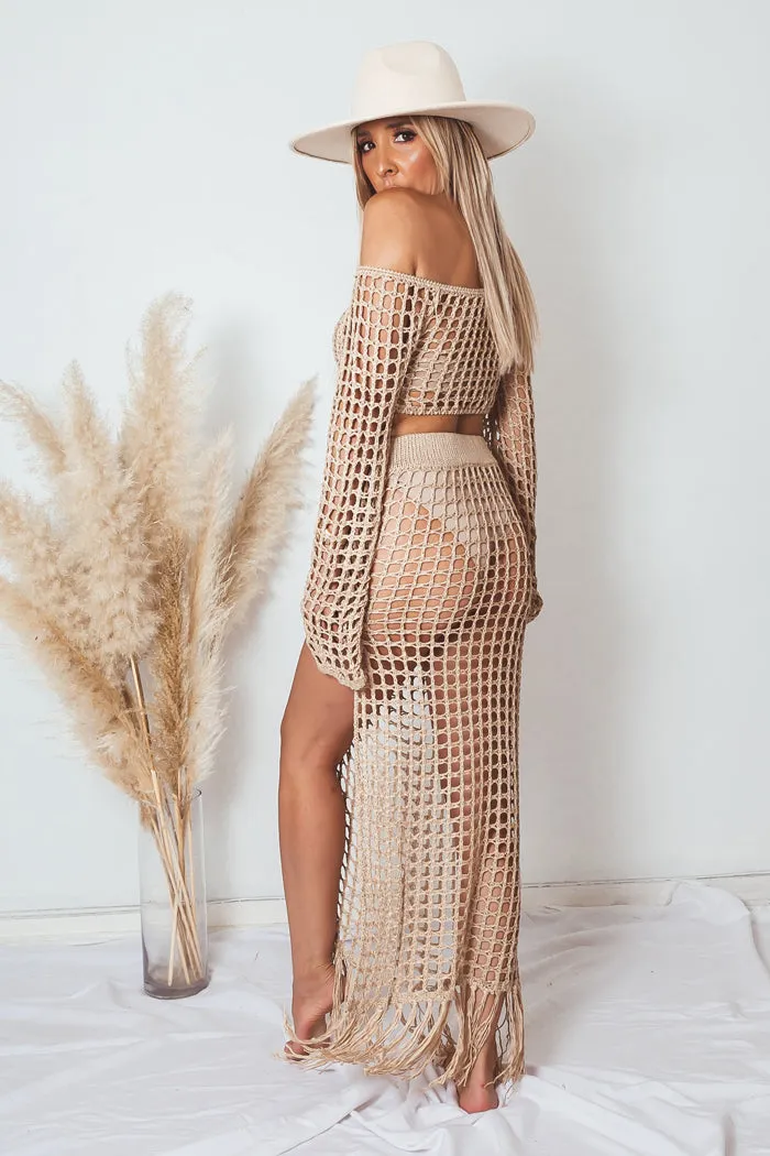 Crochet Top and Skirt Set - Tan