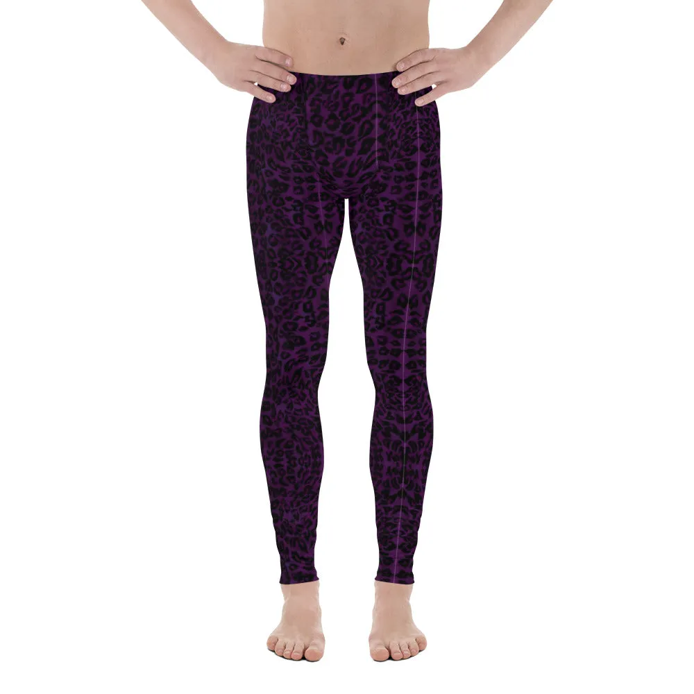 Dark Purple Leopard Men's Leggings, Animal Print Meggings Running Compression Tights