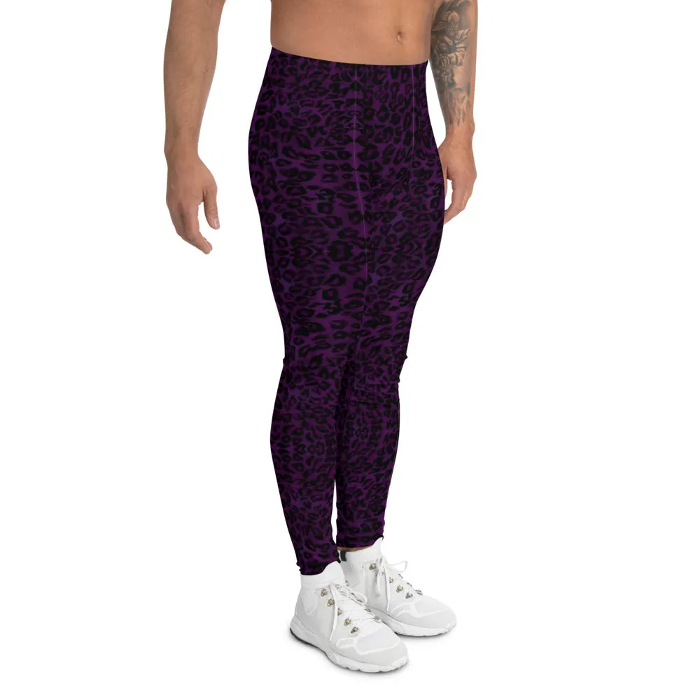 Dark Purple Leopard Men's Leggings, Animal Print Meggings Running Compression Tights