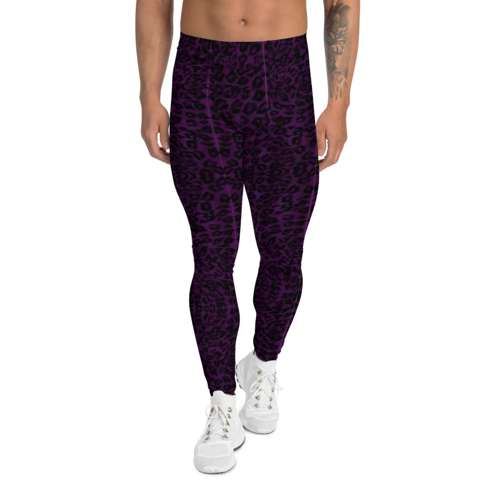 Dark Purple Leopard Men's Leggings, Animal Print Meggings Running Compression Tights