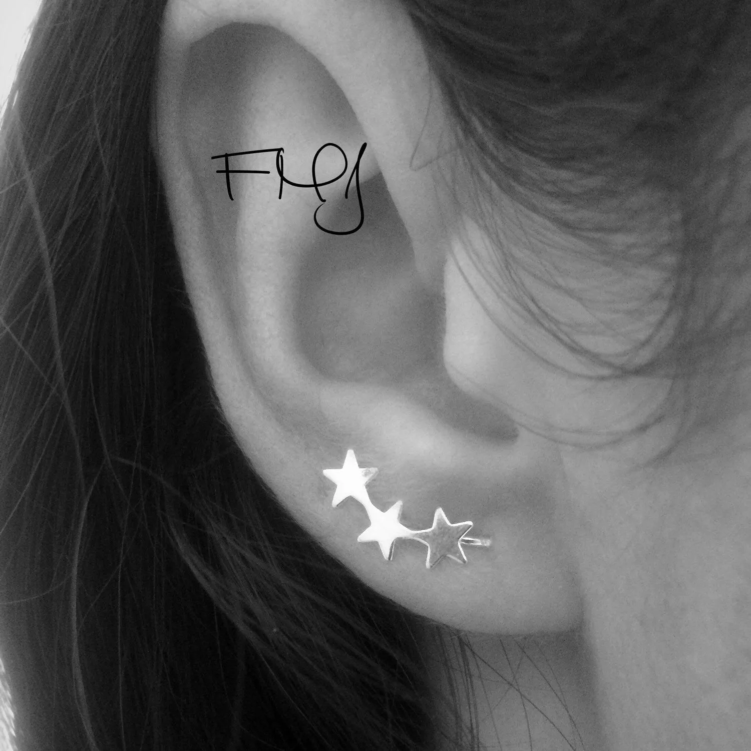 Ear Pin Earrings, Stars Cuff, Bar Ear Sweep, Wire Ear Wrap, Cuff Earring, Minimalistic, Silver Ear Pin, Ear Pin, Curved Star Sweep, Line