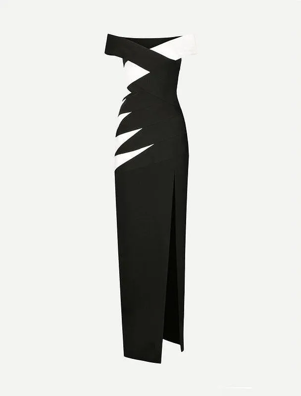 Elanor Off The Shoulder Side Slit Two Toned Maxi Dress