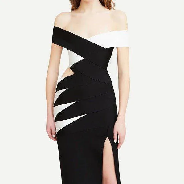 Elanor Off The Shoulder Side Slit Two Toned Maxi Dress