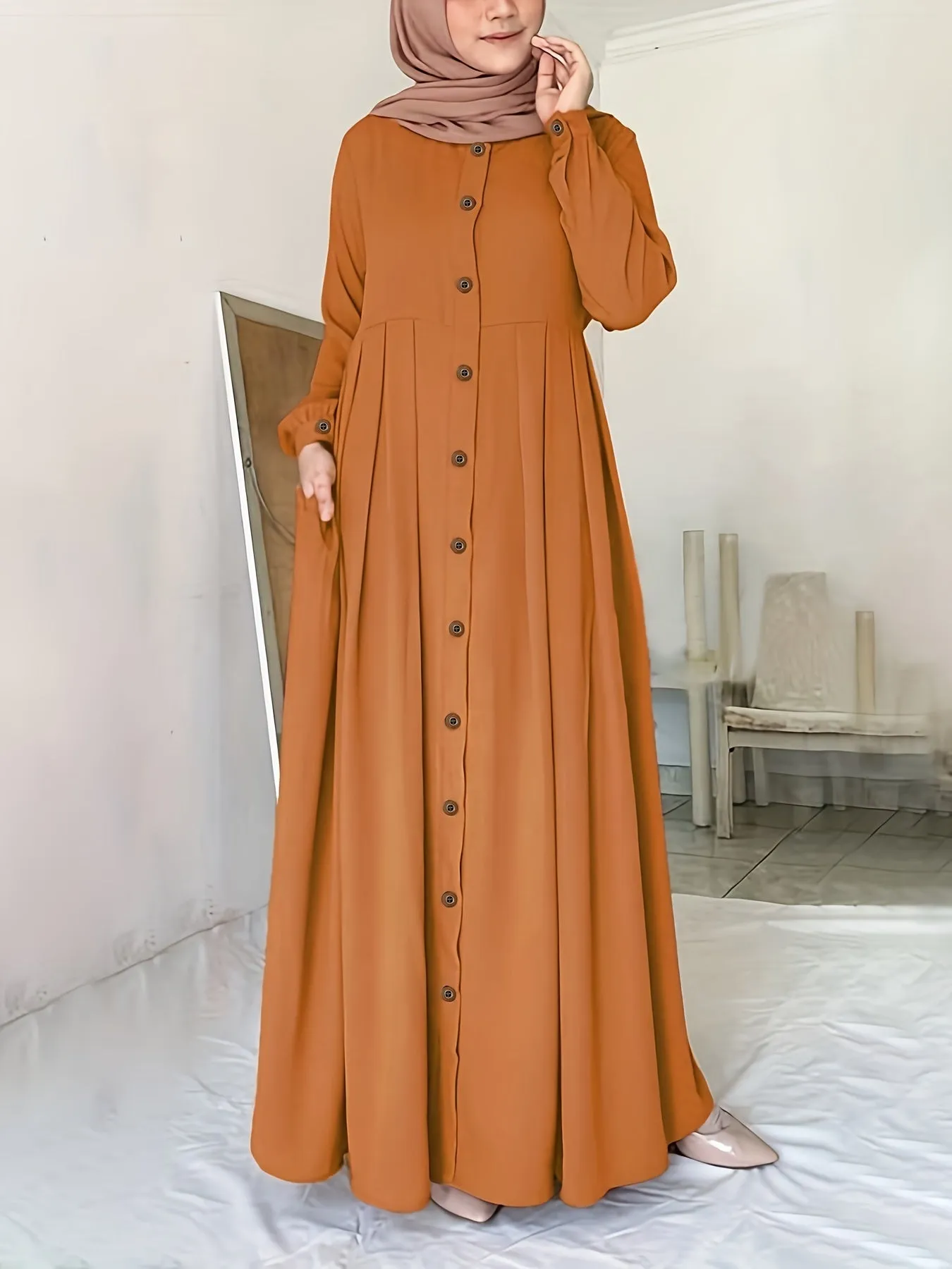 Elegant Puff Sleeve Maxi Dress - Ruched Button Detail - Versatile for Ramadan & Special Occasions - Women's Fashion