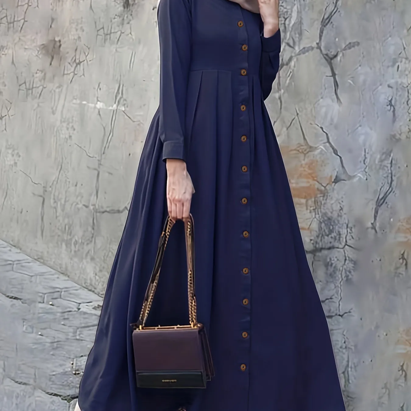 Elegant Puff Sleeve Maxi Dress - Ruched Button Detail - Versatile for Ramadan & Special Occasions - Women's Fashion