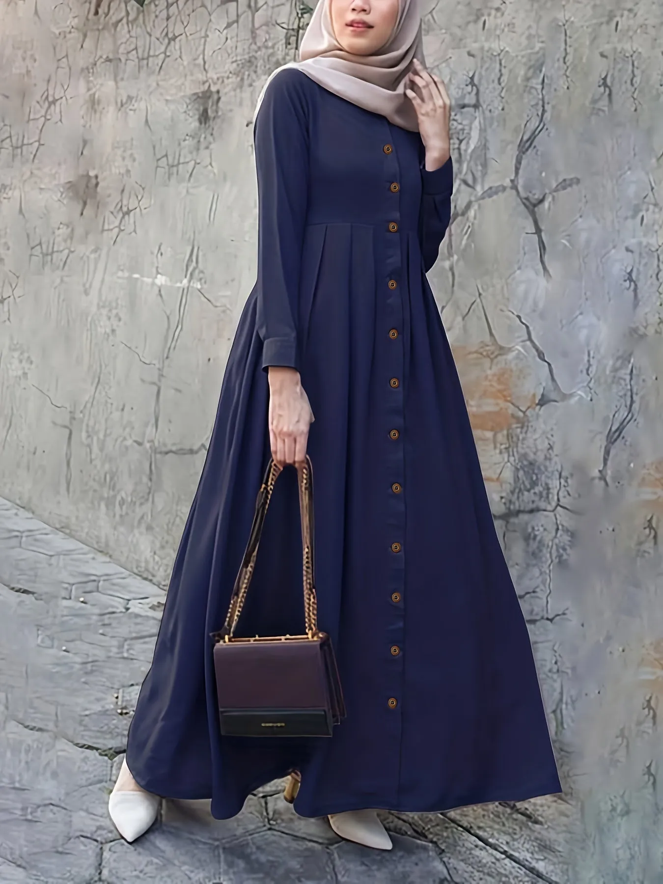 Elegant Puff Sleeve Maxi Dress - Ruched Button Detail - Versatile for Ramadan & Special Occasions - Women's Fashion