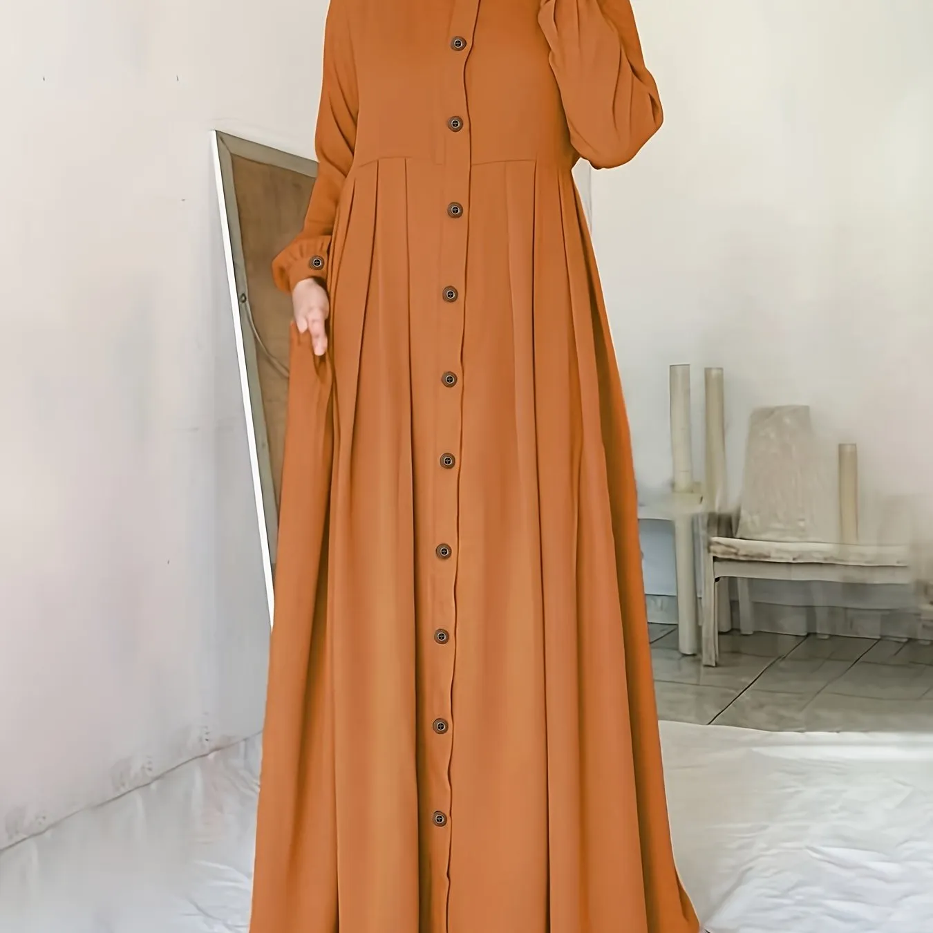 Elegant Puff Sleeve Maxi Dress - Ruched Button Detail - Versatile for Ramadan & Special Occasions - Women's Fashion