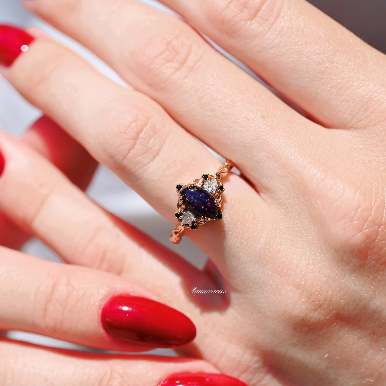 Esme Black Fire Opal Ring- 14K Rose Gold Vermeil