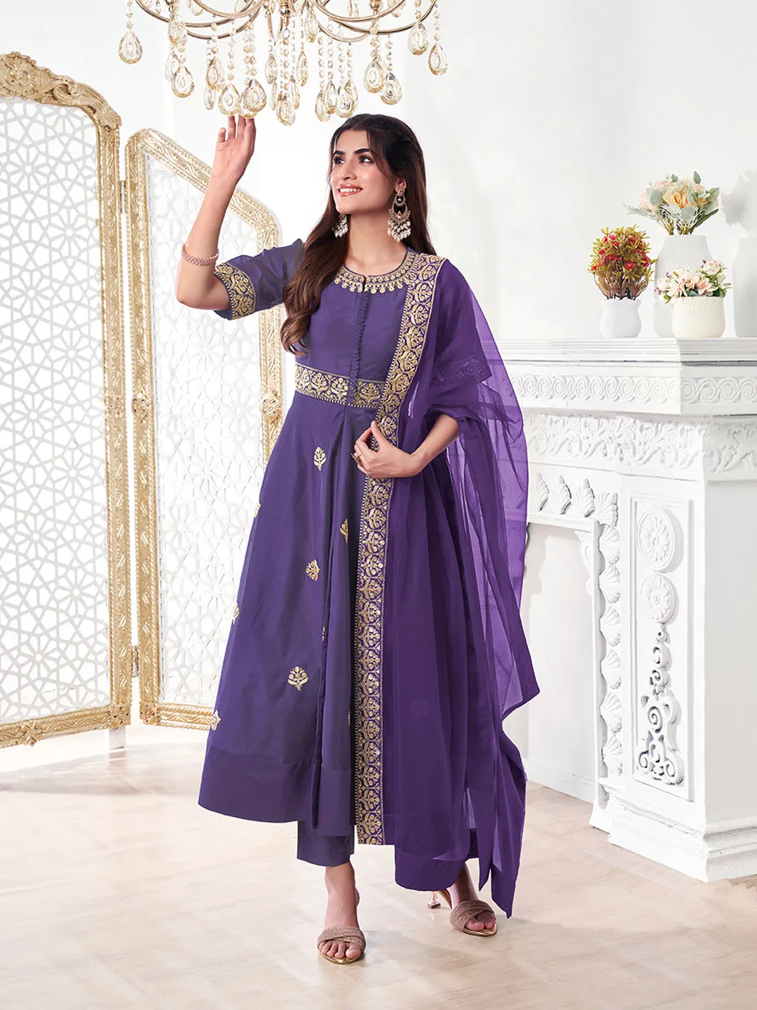 Ethnic Motifs Embroidered Chanderi Cotton A-Line Kurta With Trousers & Dupatta