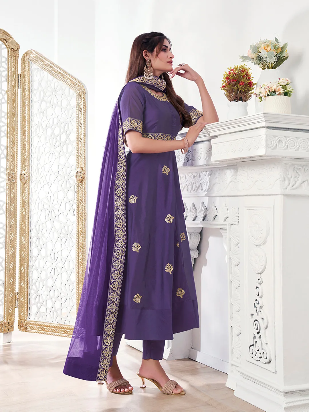 Ethnic Motifs Embroidered Chanderi Cotton A-Line Kurta With Trousers & Dupatta